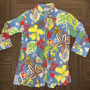 Chico's Blue Floral Button Down Shirt Vacation Tropical Vibes